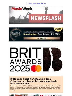 Music Week - BRITs 2025: Charli XCX, Dua Lipa, Ezra Collective, Last Dinner Party & Myles Smith lead nominations