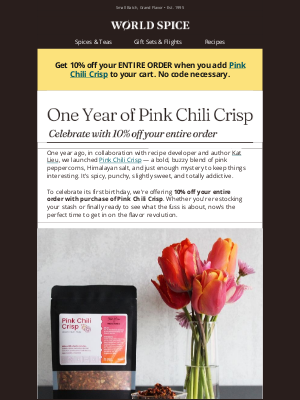 World Spice Merchants - Pink Chili Crisp Turns One 🎉 Celebrate With a SITEWIDE DISCOUNT