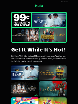 Hulu - Hulu's Black Friday Deal Is Here! Get Hulu (With Ads) for 99¢/Mo for a Year