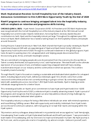 Hyatt Hotels - Mark Hoplamazian Receives Cornell Hospitality Icon of the Industry Award, Announces Commitment to Hire 5,000 More Opportunity Youth by the End of 2028