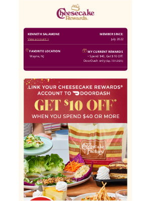 The Cheesecake Factory - Planning on ordering with DoorDash soon? Get $10 off! 🤑💪