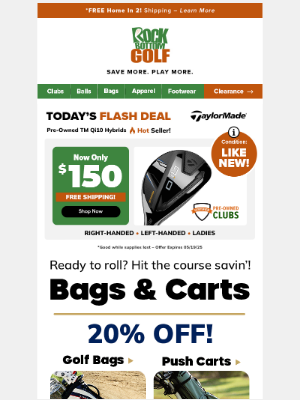 Rock Bottom Golf - LAST CHANCE: 20% OFF Bags & Carts + 🚩 CUSTOM GOLF BAGS w/ FREE Personalization!