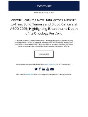 AbbVie - AbbVie Press Release: AbbVie Features New Data Across Difficult-to-Treat Solid Tumors and Blood Cancers at ASCO 2025, Highlighting Breadth and Depth of its Oncology Portfolio