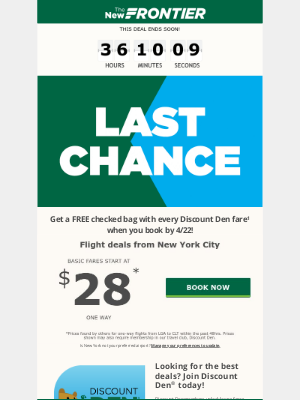 Frontier Airlines - LAST CHANCE to get a FREE checked bag! Don't let your offer expire.