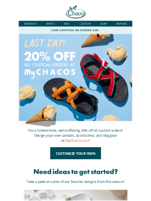 Chaco - Last Day! 20% off Chaco customs expires at midnight.