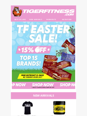 Tiger Fitness - Easter Weekend Sale 🐰 15% Off & FREE Outright Bars w/ $99+ Orders