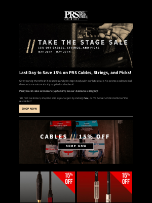prsguitars - Last Day to Save - 15% off PRS Cables, Strings, and Picks! 🚀