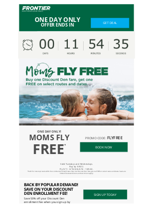 Frontier Airlines - ONE DAY ONLY! Moms fly FREE with Discount Den! 🌷