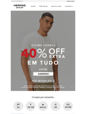 Hering Outlet (Brazil) - Últimas Horas: 40% OFF EXTRA!