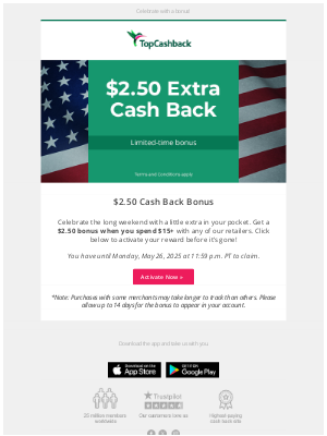 TopCashback - Celebrate with a $2.50 Cash Back bonus all weekend long! 🎉✨