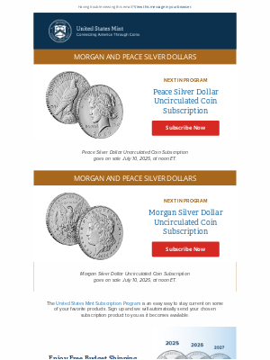 United States Mint - Now Available for Subscription - Morgan & Peace Silver Dollars 2025 Uncirculated Coins