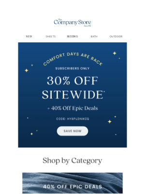 The Company Store - Subscribers ONLY: 30% Off Sitewide