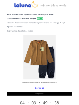 LaLuna (Brazil) - 🐰 Cupom de Páscoa liberado! Ganhe FRETE GRÁTIS, nona! 🌟🎁