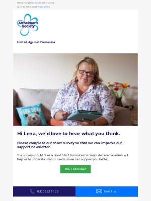 Alzheimer's Society - Lena, help us improve your email support