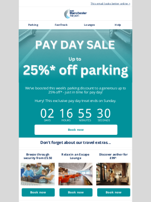 Manchester Airport - Up to 25% off parking – pay day perk ends soon!