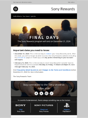 Sony - Final Days: Sony Rewards program ends 12/31/24