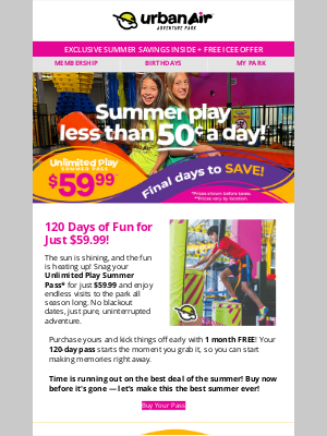 Urban Air - Last Dash for $59.99 Summer Thrills! 4 More Days to Save Big! 🏃🏾‍♀️🏃🏼🏃🏻‍♀️
