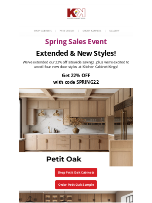 Kitchen Cabinet Kings - Sale Extended + 4 New Styles! Reserve 22% Off with a Sample Order