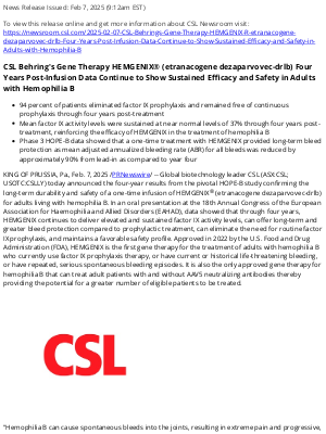 CSL Computer - CSL Behring's Gene Therapy HEMGENIX® (etranacogene dezaparvovec-drlb) Four Years Post-Infusion Data Continue to Show Sustained Efficacy and Safety in Adults with Hemophilia B