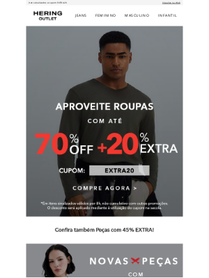 Hering Outlet (Brazil) - Vem conferir: 70% OFF + 20% EXTRA!