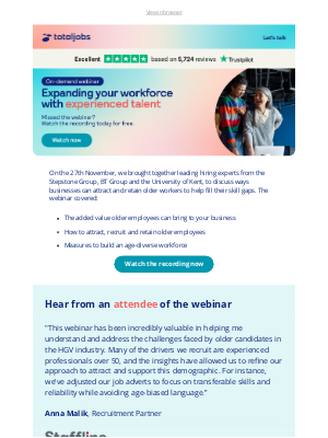 Totaljobs - Watch our webinar recording - The Age Advantage: Expanding Your Workforce with Experienced Talent
