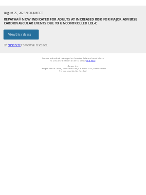 Amgen - REPATHA® NOW INDICATED FOR ADULTS AT INCREASED RISK FOR MAJOR ADVERSE CARDIOVASCULAR EVENTS DUE TO UNCONTROLLED LDL-C
