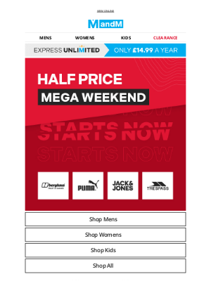 M and M Direct (United Kingdom) - HALF PRICE Mega Weekend 🔴 STARTS NOW >