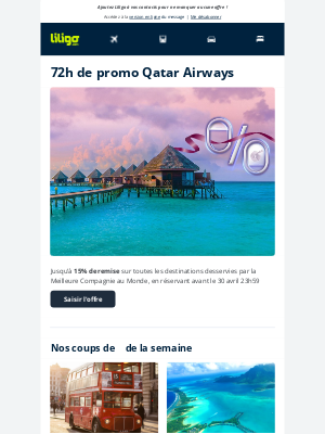 liligo (France) - Jusqu'à -15% avec Qatar Airways : 72h de promo 💥