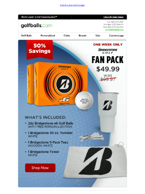 Golfballs.com - Bridgestone Fan Pack: 2dz Personalized Balls, Bridgestone Towel, Tees & more, 50% OFF