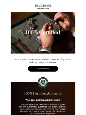 Bob's Watches - What does “100% Certified” mean?