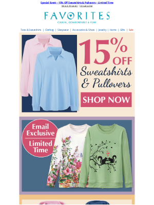 Catalog Favorites - Stay Warm, Save Big ~ 15% Off Sweatshirts & Pullovers ~ Shop Now