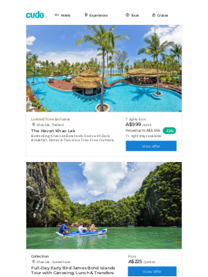 Cudo Australia - It's Thai O'Clock ⏰ Khao Lak Bestselling Beachside Oasis w. Daily Dining & Nightly Free-Flow Cocktails | Khao Lak: James Bond Islands Tour w. Canoeing, Lunch + Transfers & More