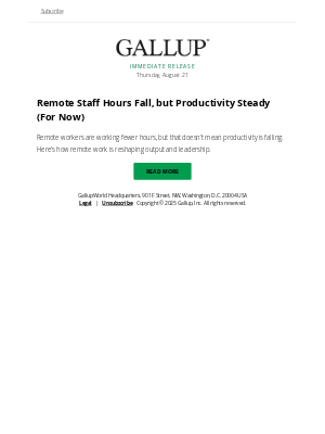 Gallup - Remote Staff Hours Fall, but Productivity Steady (For Now)