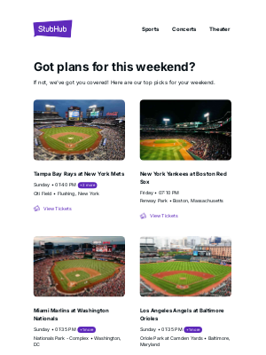 StubHub - 🔥This weekend: New York Mets, Boston Red Sox, and more!