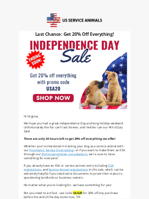 US Service Animals - 20% Off Everything - Ending Soon!