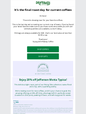 Driftaway - Final few hours for these coffees + Jefferson Motta SALE!