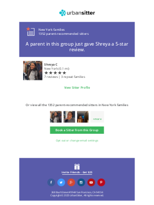 UrbanSitter - A parent in the New York families group just rated Shreya 5-stars