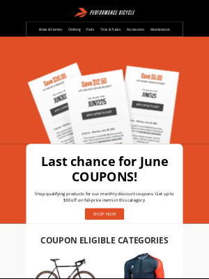 Performance Bicycle - Last Chance For June Coupons!