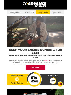 Advance Auto Parts - Keep Your Projects Flowing: 15% Off No Minimum or 20% on Orders Over $100