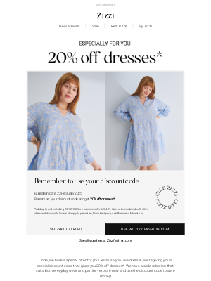 Zizzi Fashion - Get 20% off dresses for your next purchase Linda 💕