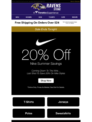 Baltimore Ravens - Final Day To Save 20% On Nike + Free Shipping!