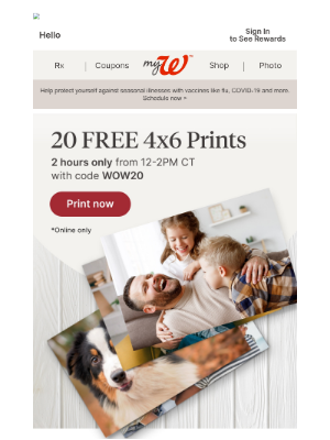 Walgreens - FLASH SALE 10/16 ONLY! 20 FREE 4x6 Prints