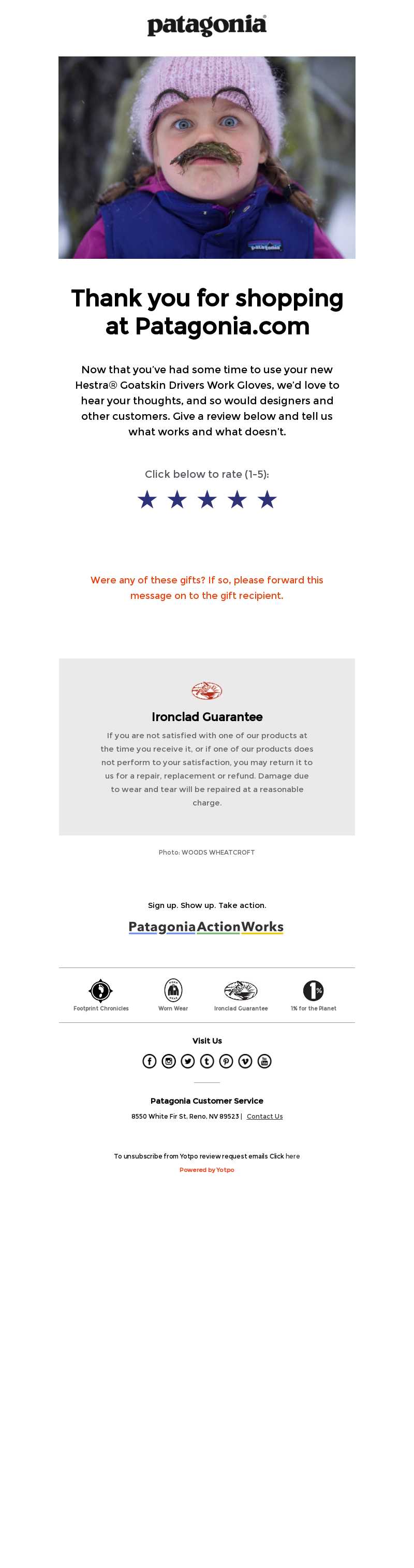 Creative email asking for product review from Patagonia