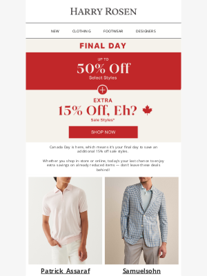 Harry Rosen - ENDS TODAY: Up to 50% Off + EXTRA 15% Off