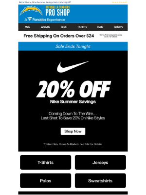 Los Angeles Chargers - Final Day To Save 20% On Nike + Free Shipping!