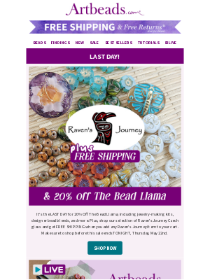 Artbeads - Don't Miss Out! LAST DAY for 20% Off The Bead Llama!