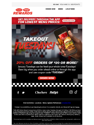 Checkers Drive-In Restaurants - Takeout Tuesdays = 20% off ✨
