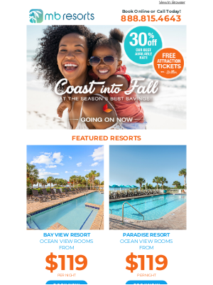 Brittain Resorts & Hotels - ☀️ Golden Beach Days: Ocean View Rooms from $119 Per Night During Our Coast Into Fall Sale! 🍁