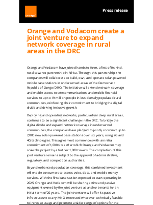 Orange - Orange and Vodacom create a joint venture to expand network coverage in rural areas in the DRC