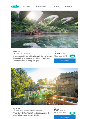 Cudo (Australia) - Our Best Experiences: Mornington Peninsula Thermal Bathing + Two-Course Dining Experience | Gold Coast: 2-Day Entry to Dreamworld + SkyPoint | 3-Hour Tranquillity Spa Package